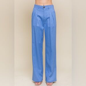 Blue Linen Wide Leg Pants